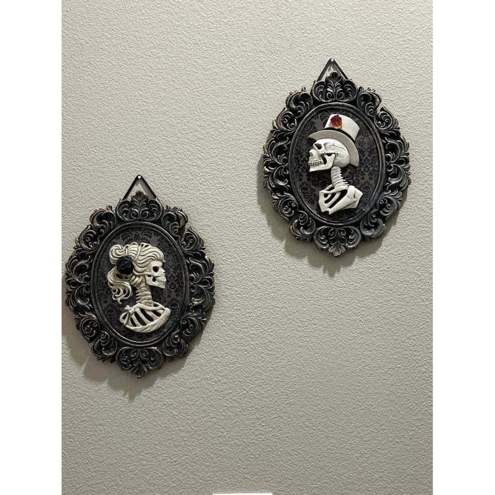 Gothic Skeleton Cameo Wall Decor Set Victorian Haunted Portrait Plaques 2pc